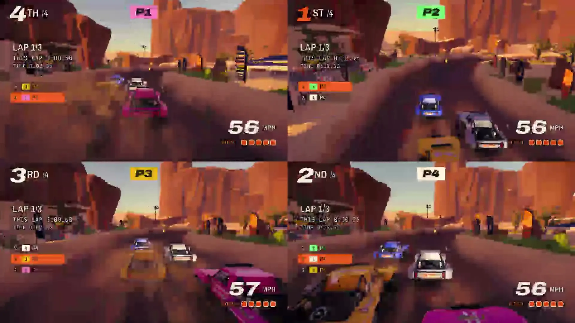 Four-player split-screen through a canyon water splash