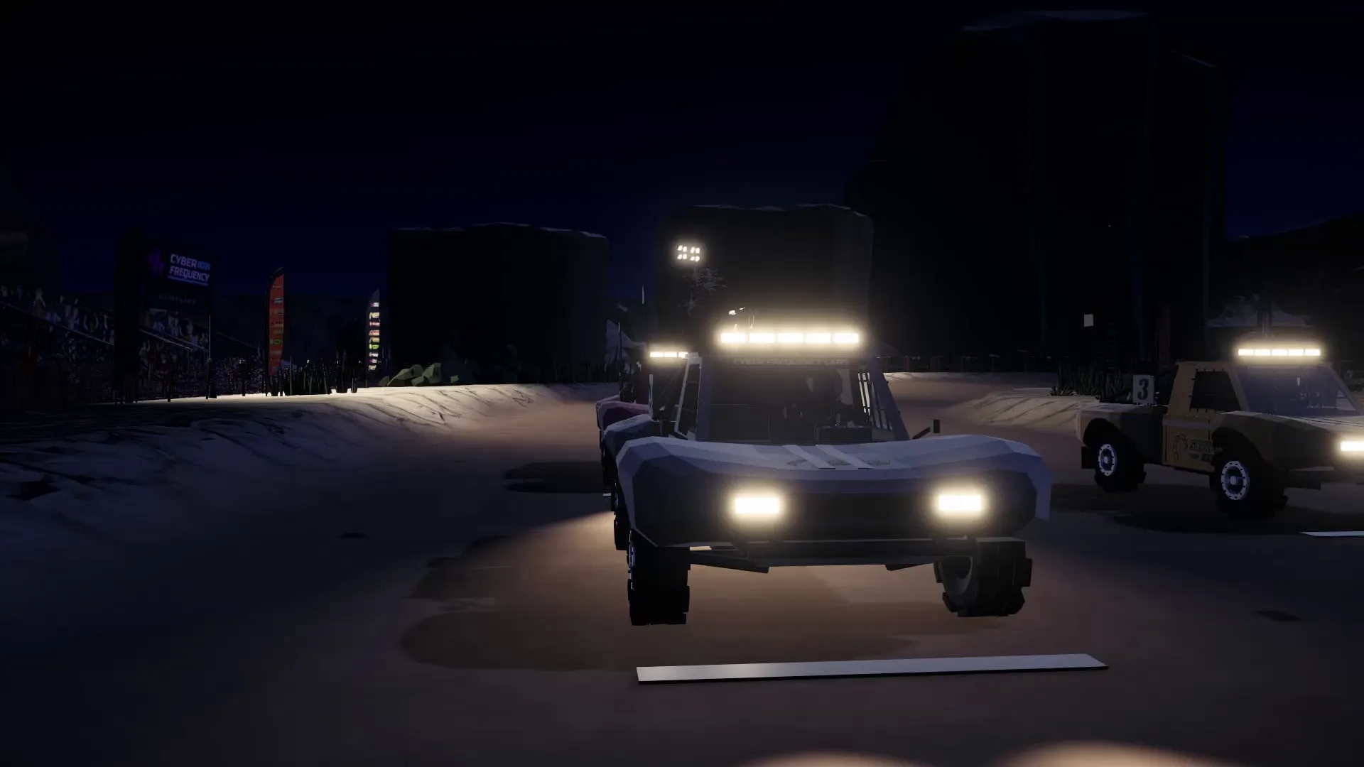 A truck's light bar and headlights blazing on the start line at night